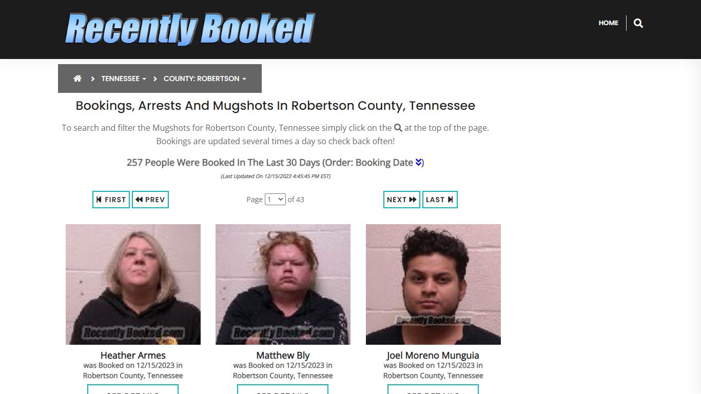Bookings, Arrests and Mugshots in Robertson County, Tennessee